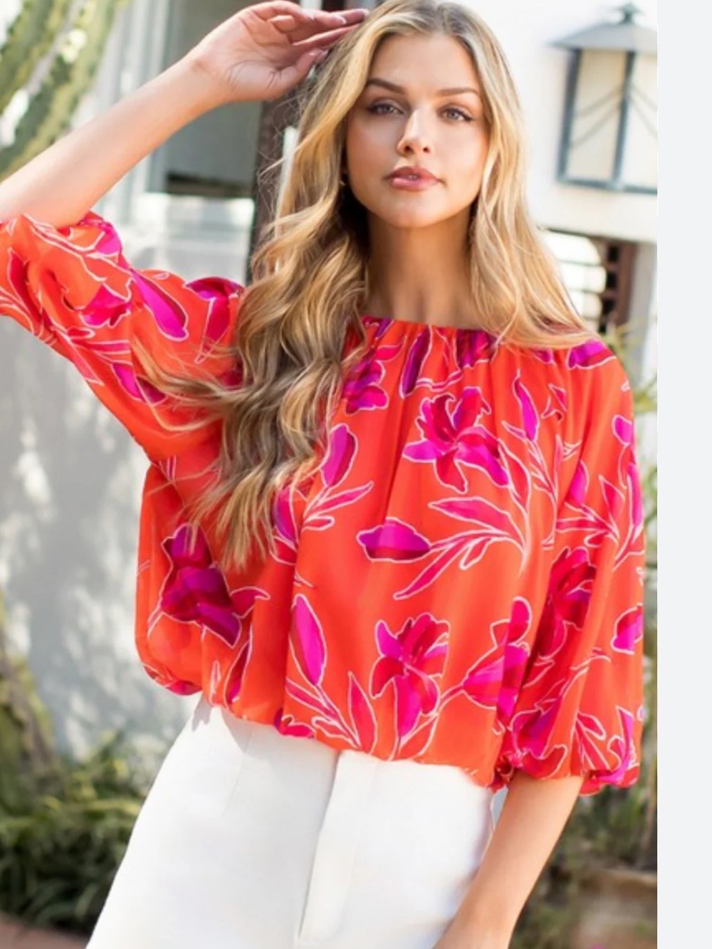 THML Shelia Bubble Hem Blouse Women’s XL Red/Pink Floral Cropped NWT